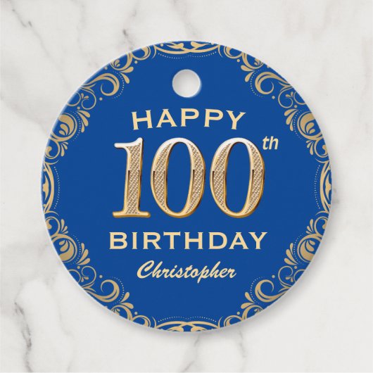 100e Birthday Party Blue en Gold Glitter Lijst Bedankjes Labels (Voorkant)