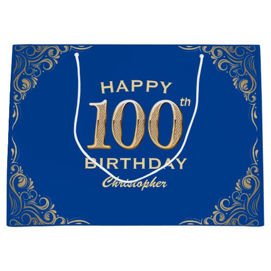 100e Birthday Party Blue en Gold Glitter Lijst Groot Cadeauzakje (Voorkant)