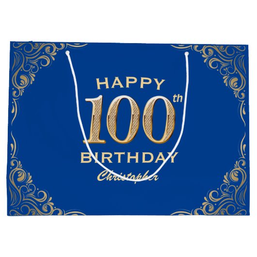 100e Birthday Party Blue en Gold Glitter Lijst Groot Cadeauzakje (Achterkant)