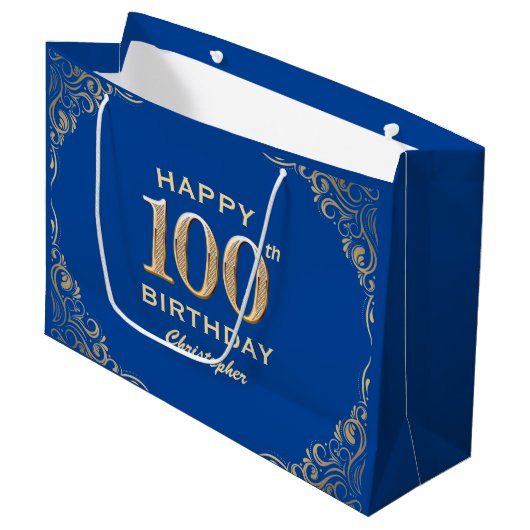 100e Birthday Party Blue en Gold Glitter Lijst Groot Cadeauzakje (Voorkant Gekanteld)