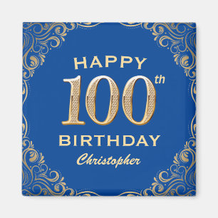100e Birthday Party Blue en Gold Glitter Lijst Magneet
