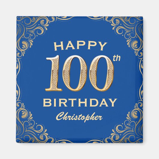 100e Birthday Party Blue en Gold Glitter Lijst Magneet (Voorkant)