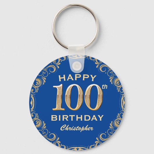 100e Birthday Party Blue en Gold Glitter Lijst Sleutelhanger (Voorkant)