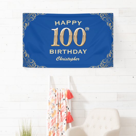 100e Birthday Party Blue en Gold Glitter Lijst Spandoek (Insitu)