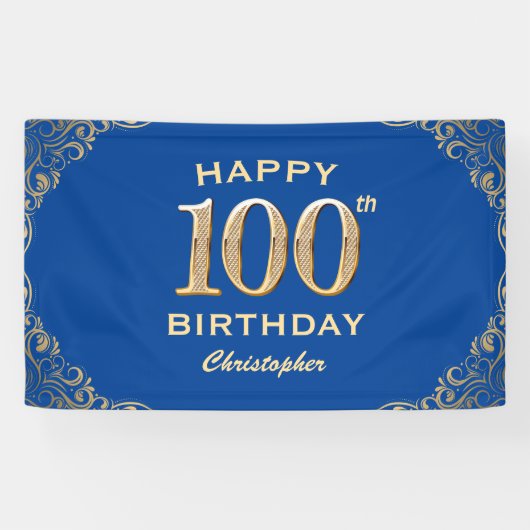 100e Birthday Party Blue en Gold Glitter Lijst Spandoek (Horizontaal)