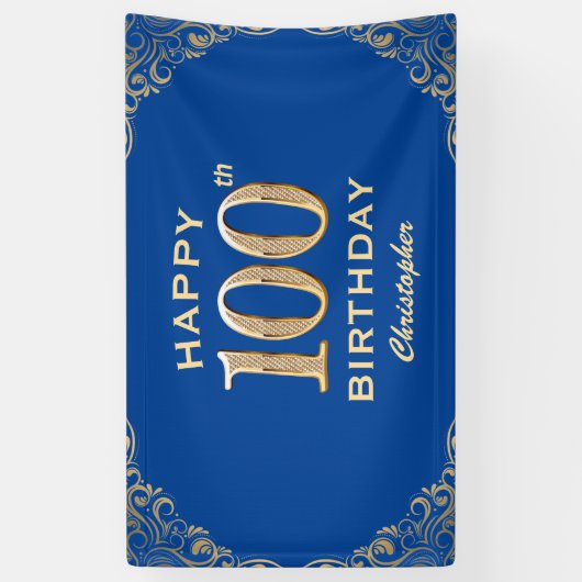 100e Birthday Party Blue en Gold Glitter Lijst Spandoek (Verticaal)