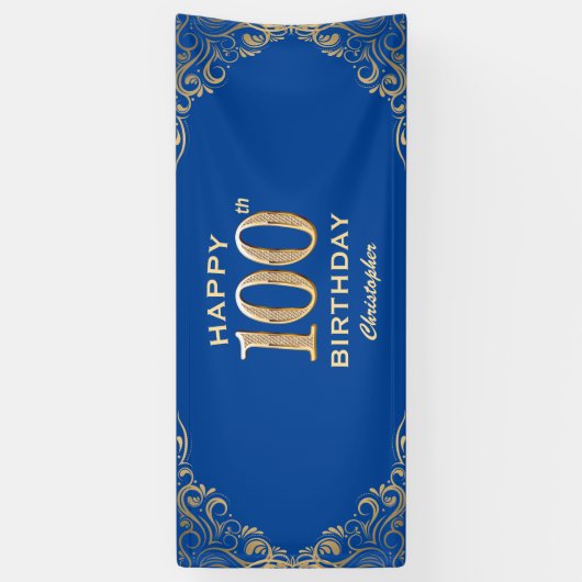 100e Birthday Party Blue en Gold Glitter Lijst Spandoek (Verticaal)