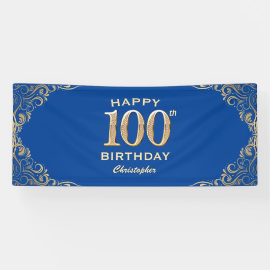 100e Birthday Party Blue en Gold Glitter Lijst Spandoek (Horizontaal)
