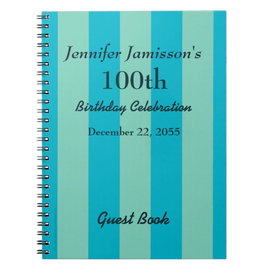 100e Birthday Party Guest Book Blue/Green Stripe Notitieboek (Voorkant)