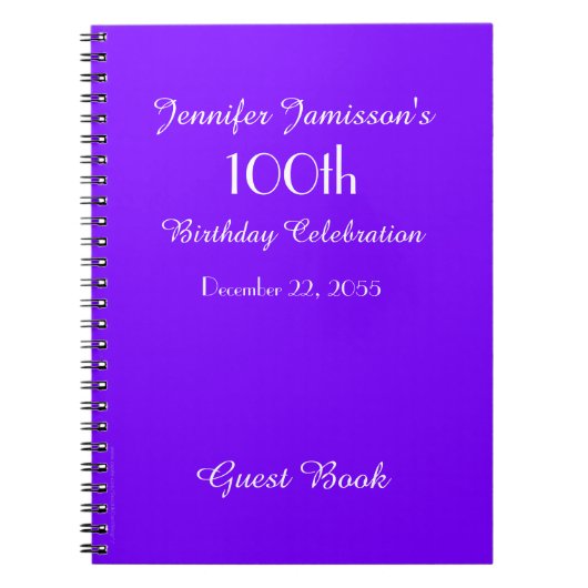 100e Birthday Party Guest Book Paars Notitieboek (Voorkant)