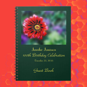 100e Birthday Party Guest Book, Vivid Red Flower Notitieboek