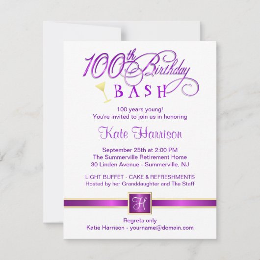 100e Birthday Party - met Monogram Kaart (Achterkant)