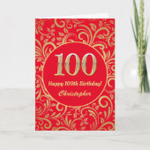 100e Birthday Red en Gold Floral Pattern Kaart (Voorkant)