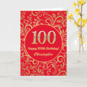 100e Birthday Red en Gold Floral Pattern Kaart (Gele Bloem)