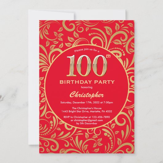 100e Birthday Red en Gold Floral Pattern Kaart (Voorkant)