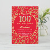 100e Birthday Red en Gold Floral Pattern Kaart (Staand voorkant)