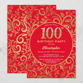 100e Birthday Red en Gold Floral Pattern Kaart (Voorkant / Achterkant)