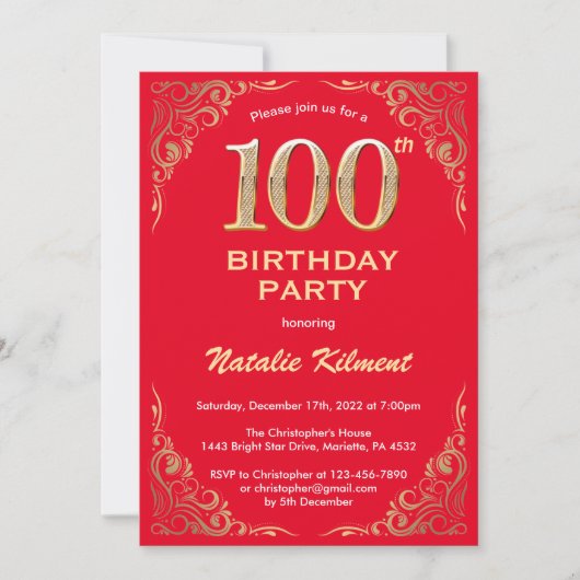 100e Birthday Red en Gold Glitter Lijst Kaart (Voorkant)