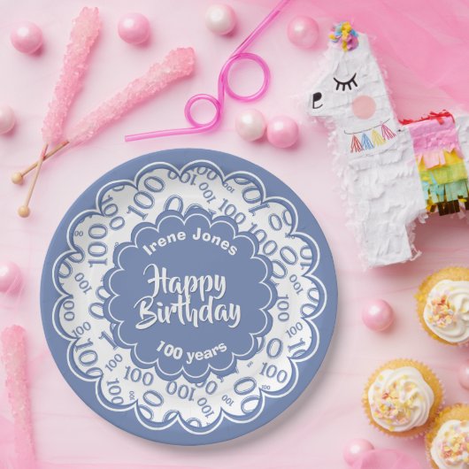 100e blauw/wit willekeurig getallenpatroon papieren bordje (Feest)