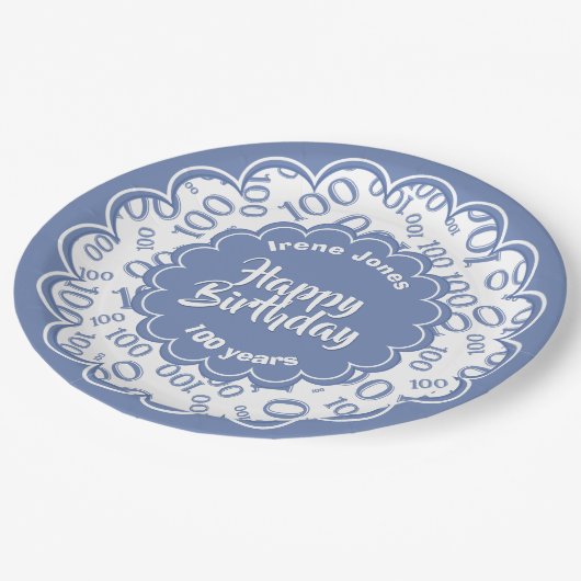 100e blauw/wit willekeurig getallenpatroon papieren bordje (Gekanteld)