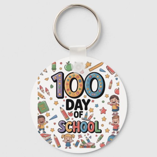 100e Dag van het Schoolplezier T-Shirt | Kleurrijk Sleutelhanger (Voorkant)