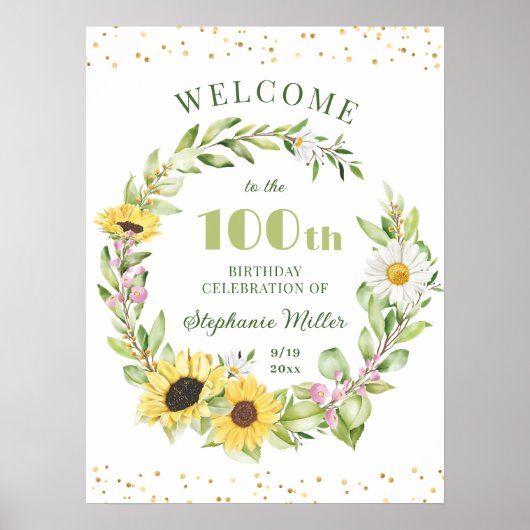 100e Dames Verjaardag Vrouwen 100 Zonnebloem Welko Poster (Voorkant)
