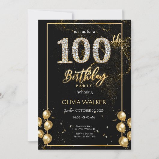 100e Diamond Zwart en Goud Verjaardag Kaart (Voorkant)
