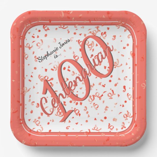 100e Elegante Partij Centenarian Koraal / Wit Papieren Bordje (Voorkant)