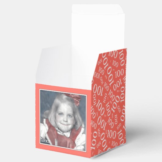 100e foto aandenken - koraal/wit getal patroon bedankdoosjes (Geopend)