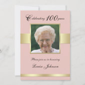 100e foto Verjaardagsfeest Roos Gold Invitation Kaart (Voorkant)