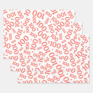 100e geboorte koraal/wit willekeurig nummerpatroon inpakpapier vel