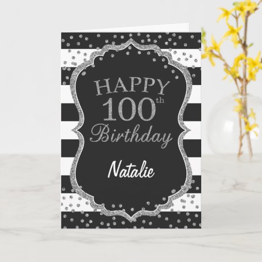 100e geboortedagkaart voor Black and Silver Glitte Kaart (Gele Bloem)