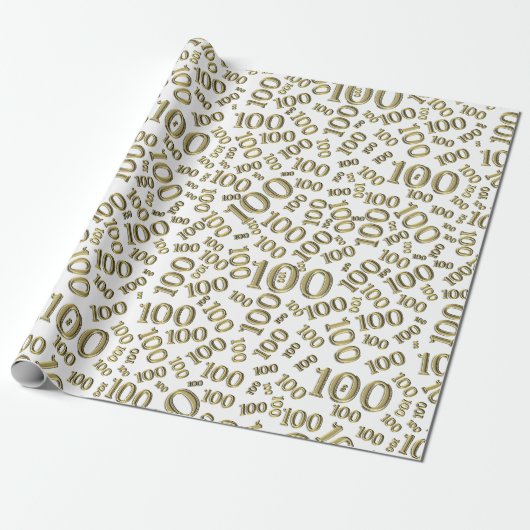 100e Goud/Wit Willekeurig Getal Patroon Medium Cadeaupapier (Uitgerold)
