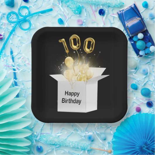 100e goudzeemeerballonnen in witte doos papieren bordje (Feest)
