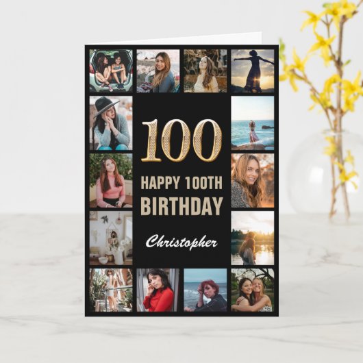 100e Happy Birthday Black en Gold Photo Collage Kaart (Gele Bloem)