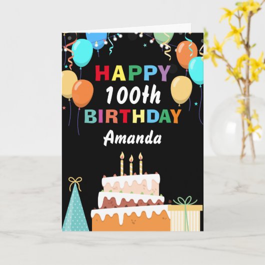 100e Happy Birthday Kleurrijke Ballonnen Taart Zwa Kaart (Gele Bloem)