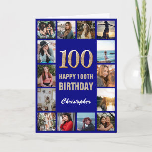 100e Happy Birthday Navy Blue Gold Photo Collage Kaart