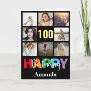 100e Happy Birthday Photo Collage Modern Black Kaart