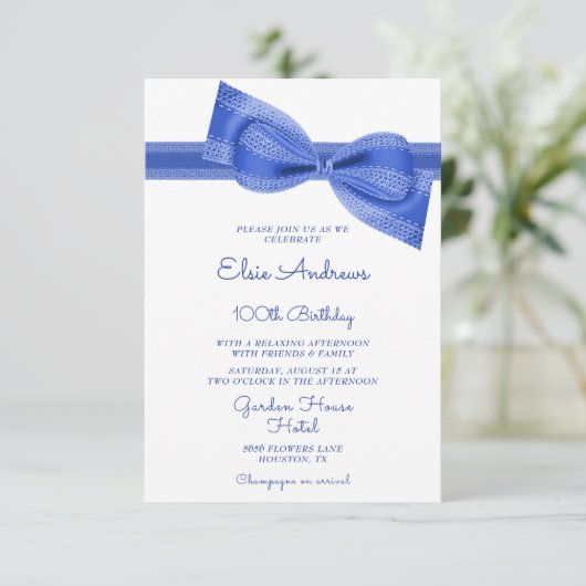100e honderdste verjaardag van Blue Bow & Ribbon Kaart (Staand voorkant)