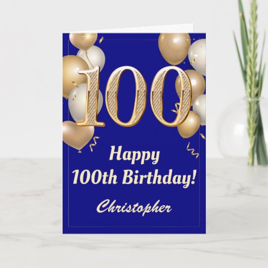 100e marthday Navy Blue Gold Balloons Confetti Kaart (Voorkant)