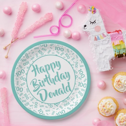 100e Partij Willekeurig Nummerpatroon Blauwgroen/W Papieren Bordje (Feest)