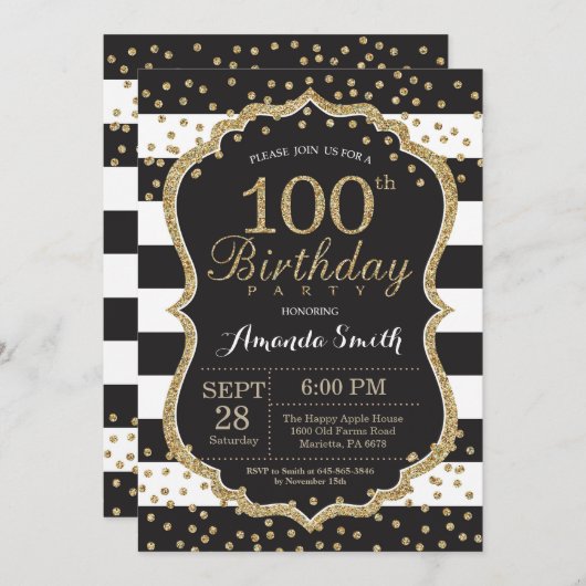 100e uitnodiging van de verjaardag. Zwart en goudg (Voorkant / Achterkant)