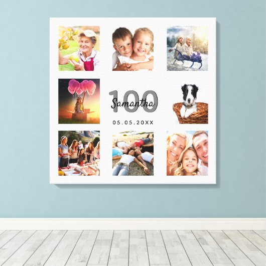 100e verjaardag aangepaste foto collage wit monogr canvas afdruk (Insitu (Houten vloer))