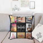 100e verjaardag aangepaste fotocollage zwarte vrou kussen<br><div class="desc">Een uniek cadeau voor een 100e geboortedag van een vrouw, het vieren van haar leven met een collage van 8 van je eigen foto's, afbeeldingen. Personaliseer en voeg haar naam, leeftijd 100 en een datum toe. Een chique zwarte achtergrond. Grijze en witte letters en cijfers. De naam is geschreven met...</div>