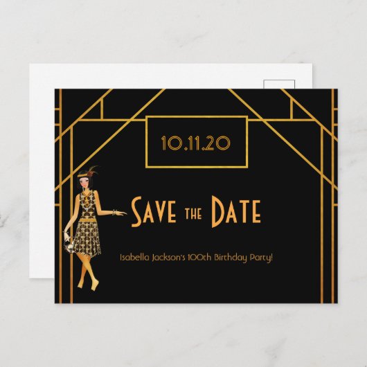 100e verjaardag art deco Gatsby save the date Briefkaart (Voorkant / Achterkant)