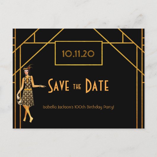 100e verjaardag art deco Gatsby save the date Briefkaart (Voorkant)