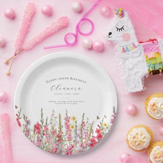 100e verjaardag augustus Geboorte Bloem Party Supp Papieren Bordje (Feest)