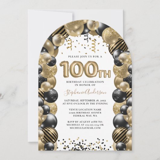 100e verjaardag ballon Gold Black Sparkle Kaart (Voorkant)