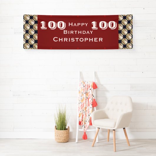 100e verjaardag Baseball Red White Blue, naam Spandoek (Insitu)