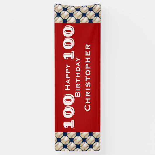 100e verjaardag Baseball Red White Blue, naam Spandoek (Verticaal)